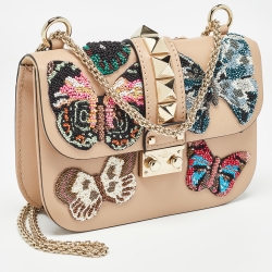 Pre Owned Valentino Beige Leather Small Butterfly Beads Rockstud Glam Lock Bag