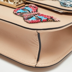 Pre Owned Valentino Beige Leather Small Butterfly Beads Rockstud Glam Lock Bag