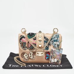 Pre Owned Valentino Beige Leather Small Butterfly Beads Rockstud Glam Lock Bag