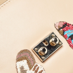 Pre Owned Valentino Beige Leather Small Butterfly Beads Rockstud Glam Lock Bag