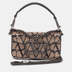 Pre Owned Valentino Black/Metallic Sequence and Leather Small Locò Toile Iconographe Bag
