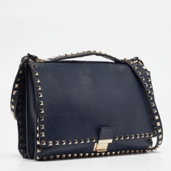 Pre Owned Valentino Navy Blue Leather Rockstud Top Handle Bag