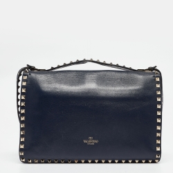Pre Owned Valentino Navy Blue Leather Rockstud Top Handle Bag