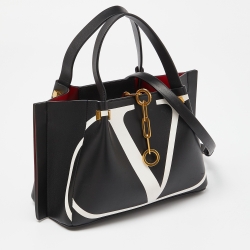 Pre Owned Valentino Black/White Leather VLogo Escape Tote