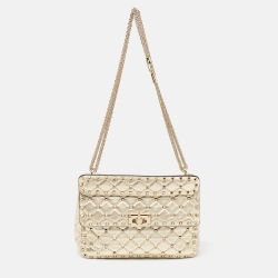 Pre Owned Valentino Gold Quilted Leather Medium Rockstud Spike Top Handle Bag