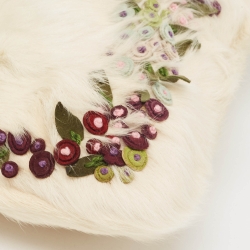 Pre Owned Valentino Off White Fur and Laeather Floral Applique VLogo Baguette Bag