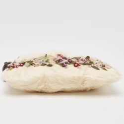 Pre Owned Valentino Off White Fur and Laeather Floral Applique VLogo Baguette Bag