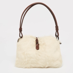 Pre Owned Valentino Off White Fur and Laeather Floral Applique VLogo Baguette Bag