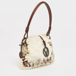 Pre Owned Valentino Off White Fur and Laeather Floral Applique VLogo Baguette Bag