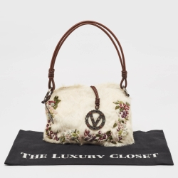 Pre Owned Valentino Off White Fur and Laeather Floral Applique VLogo Baguette Bag