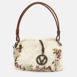 Pre Owned Valentino Off White Fur and Laeather Floral Applique VLogo Baguette Bag