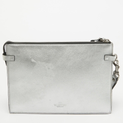 Pre Owned Valentino Silver Leather VLTN Wristlet Clutch