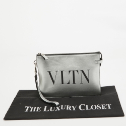 Pre Owned Valentino Silver Leather VLTN Wristlet Clutch