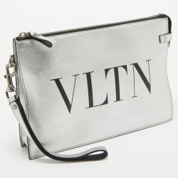 Pre Owned Valentino Silver Leather VLTN Wristlet Clutch