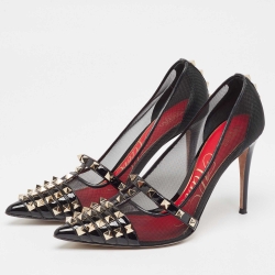 Pre Owned Valentino Black Patent Leather and Mesh Rockstud Alcove Pumps Size 39