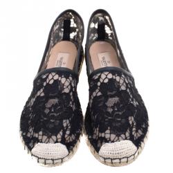 Pre Owned Valentino Black Lace and Leather Espadrilles Size 40