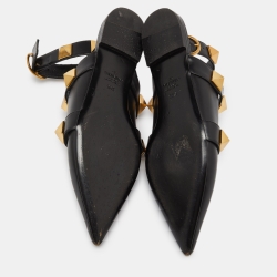 Pre Owned Valentino Black Leather Roman Stud Flat Sandals Size 38.5