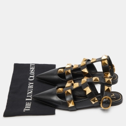 Pre Owned Valentino Black Leather Roman Stud Flat Sandals Size 38.5