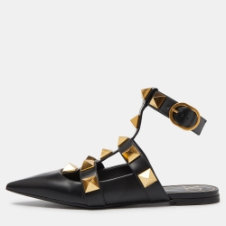 Pre Owned Valentino Black Leather Roman Stud Flat Sandals Size 38.5