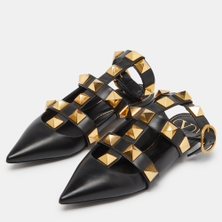 Pre Owned Valentino Black Leather Roman Stud Flat Sandals Size 38.5