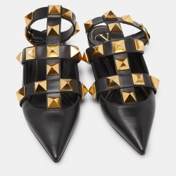 Pre Owned Valentino Black Leather Roman Stud Flat Sandals Size 38.5