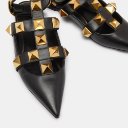 Pre Owned Valentino Black Leather Roman Stud Flat Sandals Size 38.5