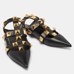 Pre Owned Valentino Black Leather Roman Stud Flat Sandals Size 38.5