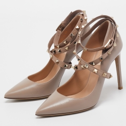 Pre Owned Valentino Dusty Pink Leather Rockstud Ankle Wrap Pointed Toe Pumps Size 38