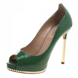 Pre Owned Valentino Green Patent Leather Studded Heel Peep Toe Pumps Size 37.5
