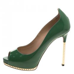Pre Owned Valentino Green Patent Leather Studded Heel Peep Toe Pumps Size 37.5