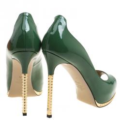 Pre Owned Valentino Green Patent Leather Studded Heel Peep Toe Pumps Size 37.5