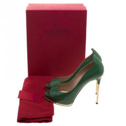 Pre Owned Valentino Green Patent Leather Studded Heel Peep Toe Pumps Size 37.5