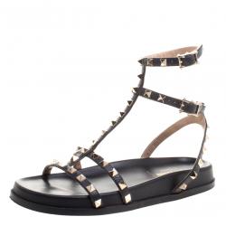 Pre Owned Valentino Black Leather Rockstud Ankle Strap Bedrock Flat Sandals Size 37