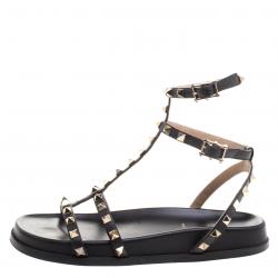 Pre Owned Valentino Black Leather Rockstud Ankle Strap Bedrock Flat Sandals Size 37