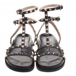 Pre Owned Valentino Black Leather Rockstud Ankle Strap Bedrock Flat Sandals Size 37