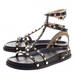 Pre Owned Valentino Black Leather Rockstud Ankle Strap Bedrock Flat Sandals Size 37