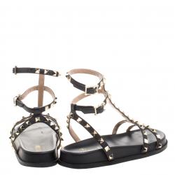 Pre Owned Valentino Black Leather Rockstud Ankle Strap Bedrock Flat Sandals Size 37