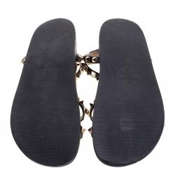 Pre Owned Valentino Black Leather Rockstud Ankle Strap Bedrock Flat Sandals Size 37