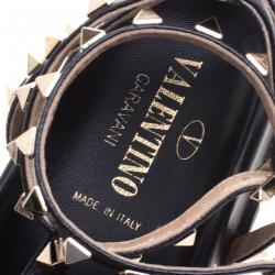 Pre Owned Valentino Black Leather Rockstud Ankle Strap Bedrock Flat Sandals Size 37