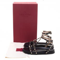 Pre Owned Valentino Black Leather Rockstud Ankle Strap Bedrock Flat Sandals Size 37