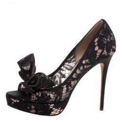Pre Owned Valentino Black Floral Couture Bow Lace Peep Toe Platform Pumps Size 36.5