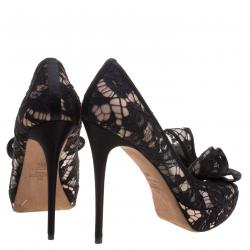 Pre Owned Valentino Black Floral Couture Bow Lace Peep Toe Platform Pumps Size 36.5