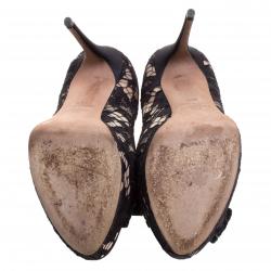 Pre Owned Valentino Black Floral Couture Bow Lace Peep Toe Platform Pumps Size 36.5