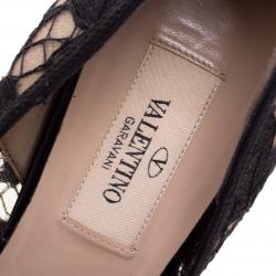Pre Owned Valentino Black Floral Couture Bow Lace Peep Toe Platform Pumps Size 36.5