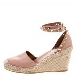 Pre Owned Valentino Blush Pink Leather Rockstud Ankle Strap Wedge Espadrille Sandals Size 37