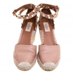 Pre Owned Valentino Blush Pink Leather Rockstud Ankle Strap Wedge Espadrille Sandals Size 37