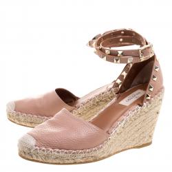 Pre Owned Valentino Blush Pink Leather Rockstud Ankle Strap Wedge Espadrille Sandals Size 37