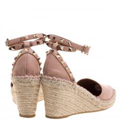 Pre Owned Valentino Blush Pink Leather Rockstud Ankle Strap Wedge Espadrille Sandals Size 37
