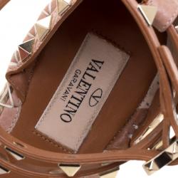 Pre Owned Valentino Blush Pink Leather Rockstud Ankle Strap Wedge Espadrille Sandals Size 37