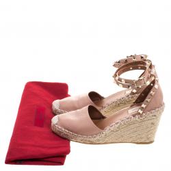 Pre Owned Valentino Blush Pink Leather Rockstud Ankle Strap Wedge Espadrille Sandals Size 37